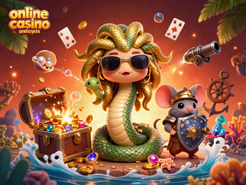 Engage with online casino games malaysia featuring an enchanting scene with Medusa and a warrior mouse, surrounded by casino elements.