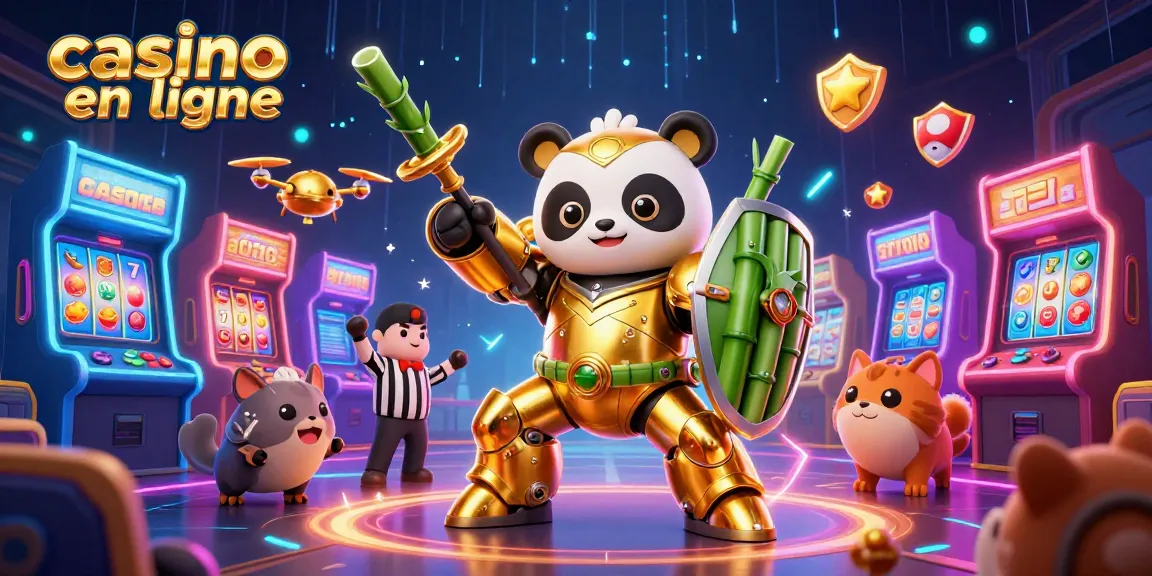 Illustration dynamique d'un casino en ligne avec un panda doré et une machine à sous colorée.