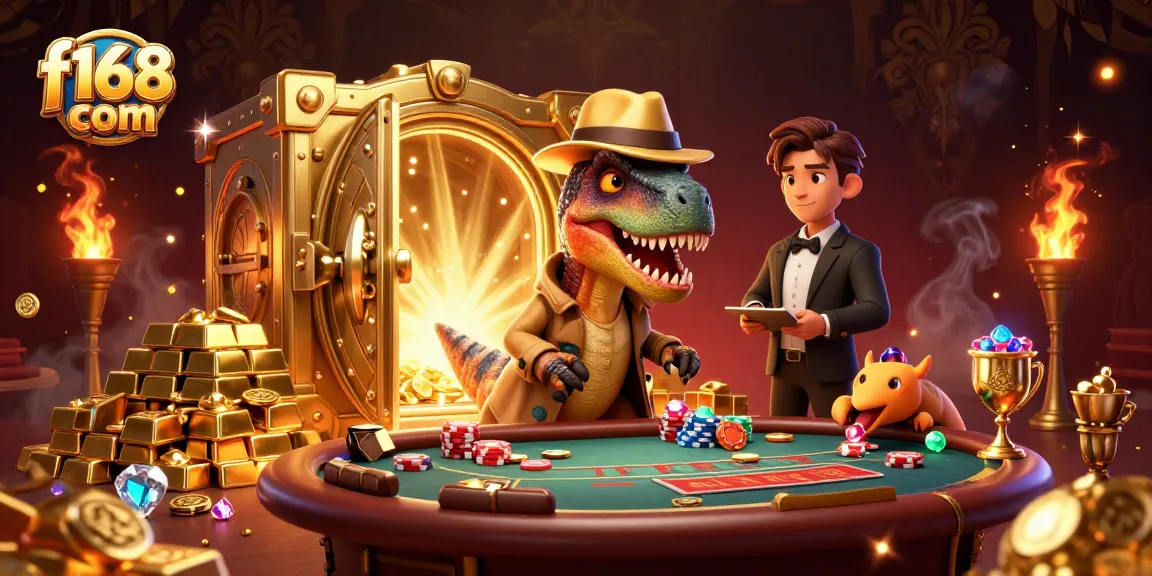 Experience thrilling gameplay at f168 com with a velociraptor card counter, treasure vault, and vivid casino action.