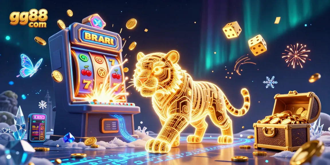 Experience excitement at gg88 com with a golden tiger in a vibrant casino scene.