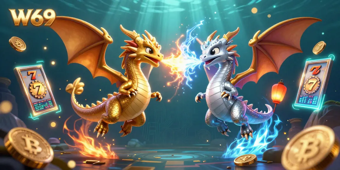 Engage with W69's vibrant casino scene showcasing fiery and icy dragons amidst slot reels and cryptocurrency elements.