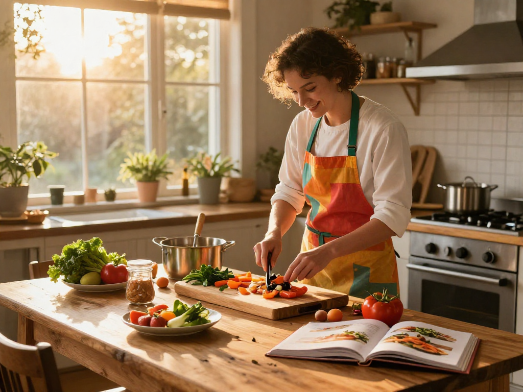 A chef preparing a gourmet meal in a cozy kitchen with fresh ingredients and a focus on the cooking slot.