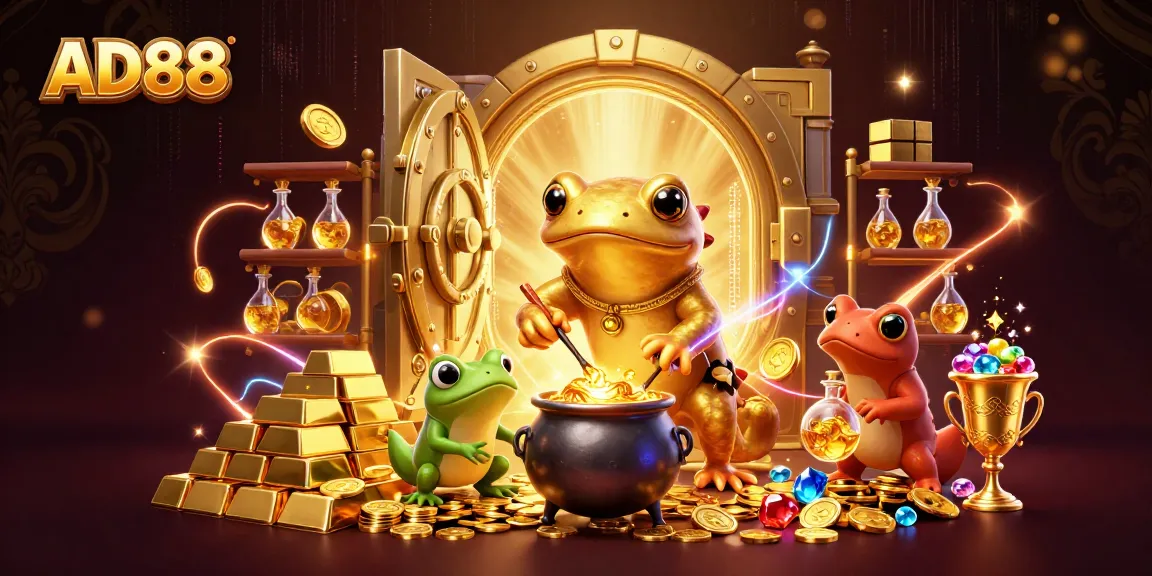 Experience the magic of AD88 with golden treasures and mystical characters in a vibrant casino setting.