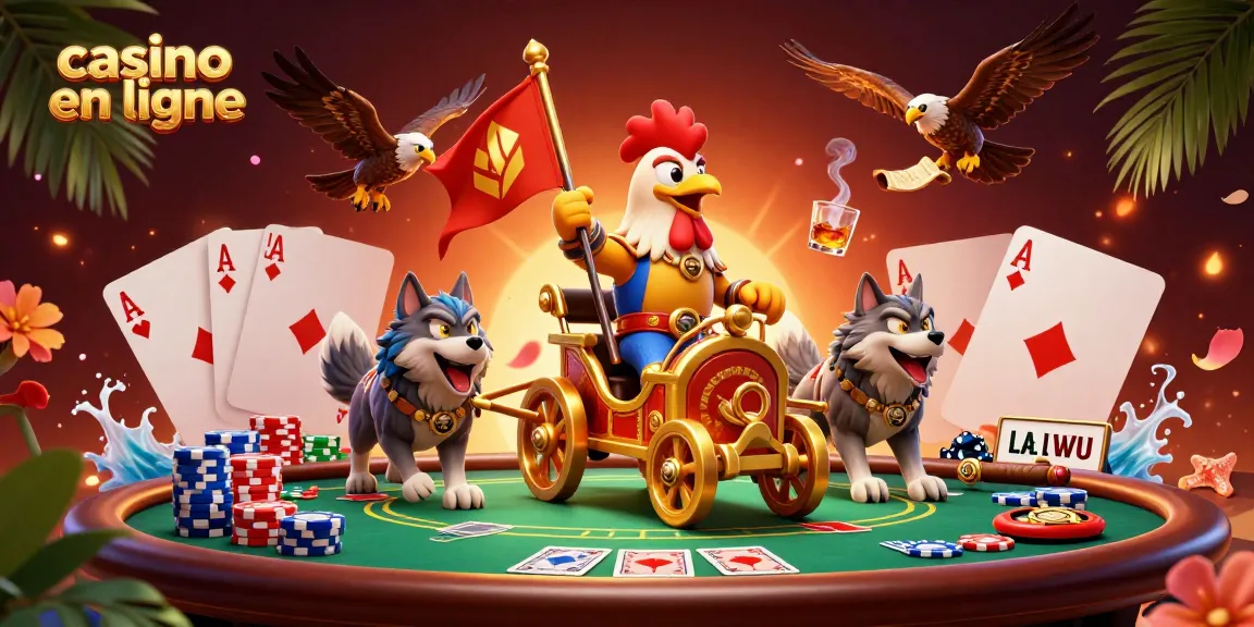 Jouer au casino en ligne avec des personnages épiques sur un chariot doré entouré de cartes et de jetons.
