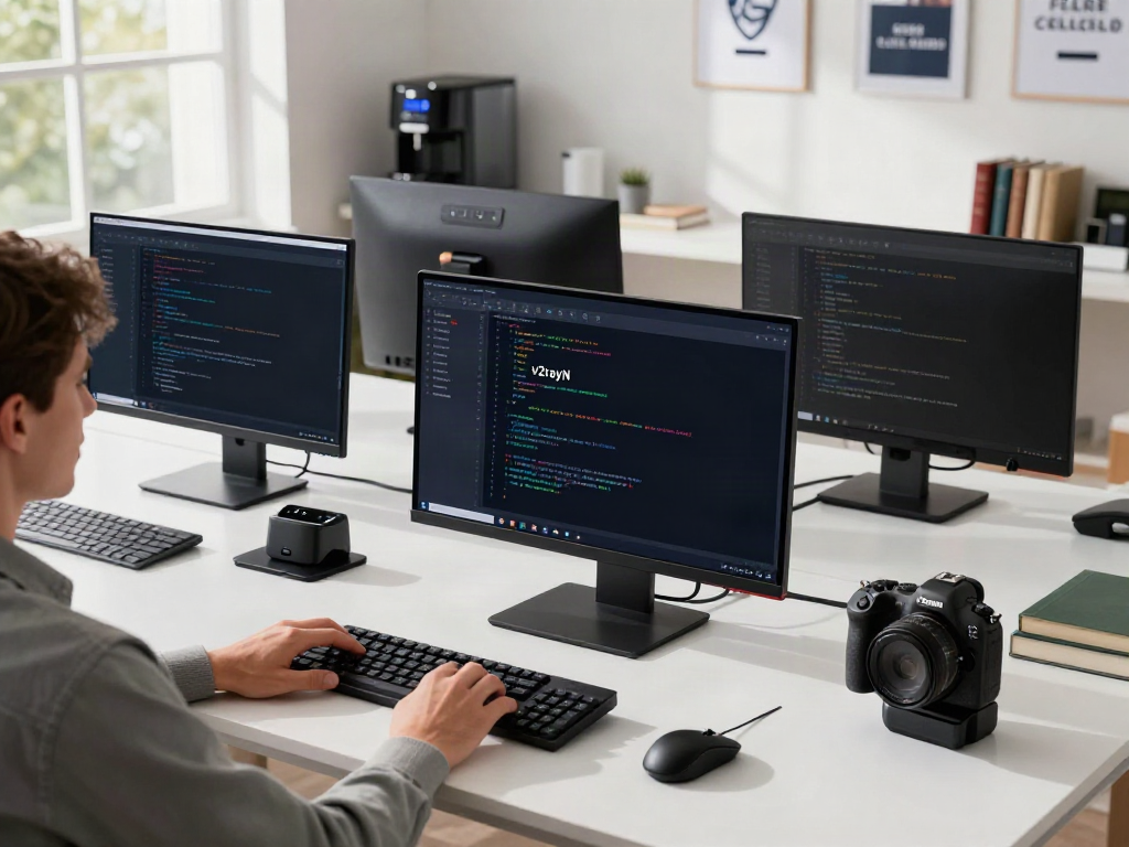Developer using v2rayN in a modern tech workspace with multiple monitors.