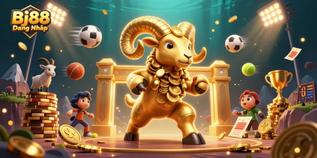 Bj88 Đăng Nhập showcases an Epic 3D scene with a golden ram charging through a casino-themed setting.