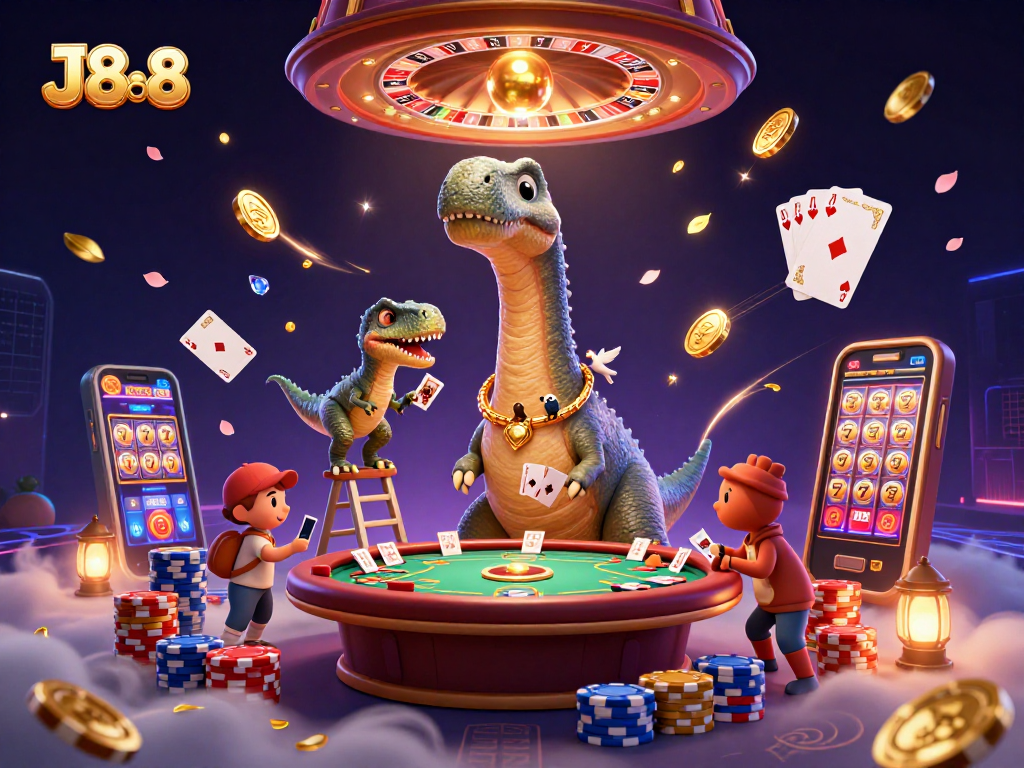 Experience excitement at J888 with colorful casino elements featuring a towering brontosaurus and a clever raptor.