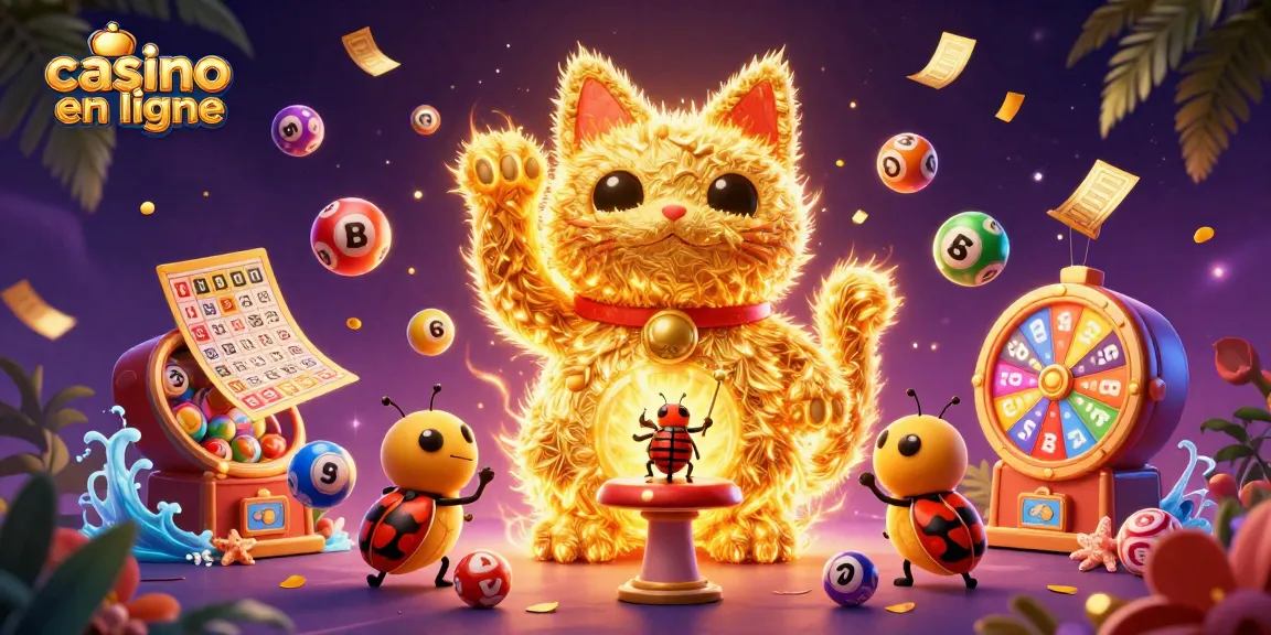 Jouez à casino en ligne avec ce chat chanceux fait de lucioles dorées entouré de jeux de loterie et bingo.