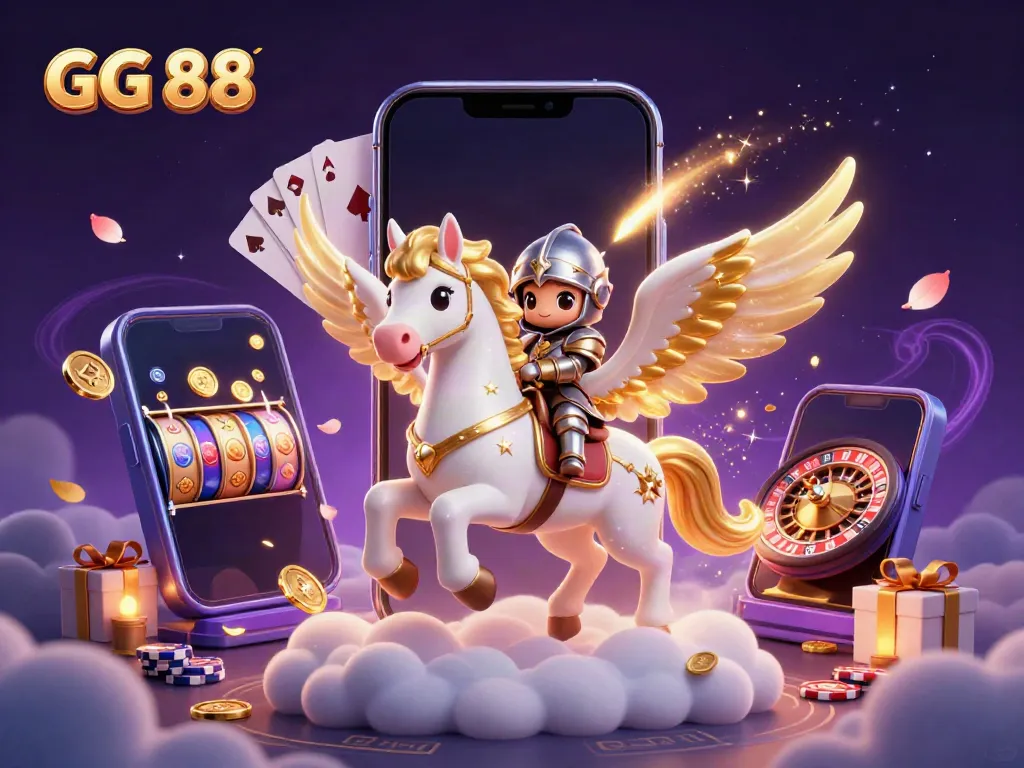 Join the fun at GG 88 with a celestial horse and playful knight amidst casino games.