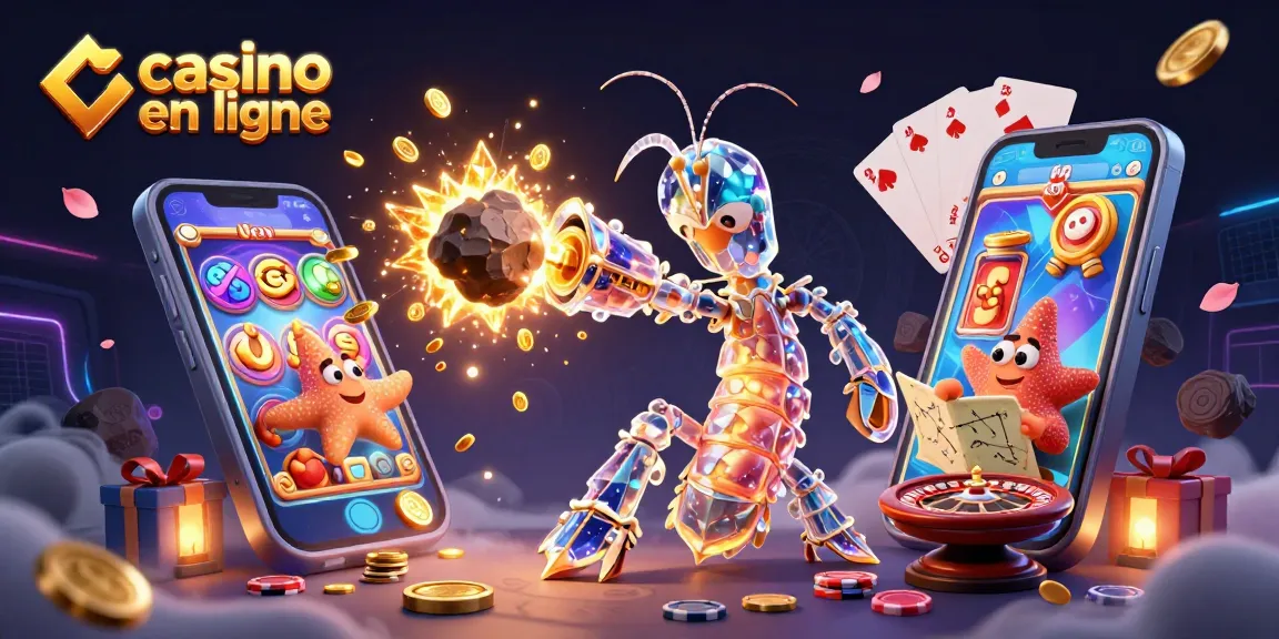 Illustration colorée de "casino en ligne" avec des héros de jeu et des objets gagnants