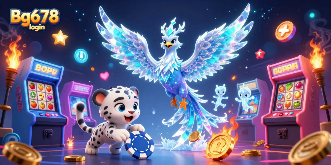 Engage with Bg678 login featuring a mystical ice phoenix, snow leopard, and vibrant arcade elements for casino fun.