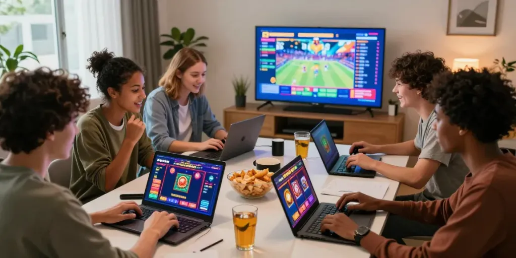 Diverse friends enjoying slot online games together in a cozy living room.