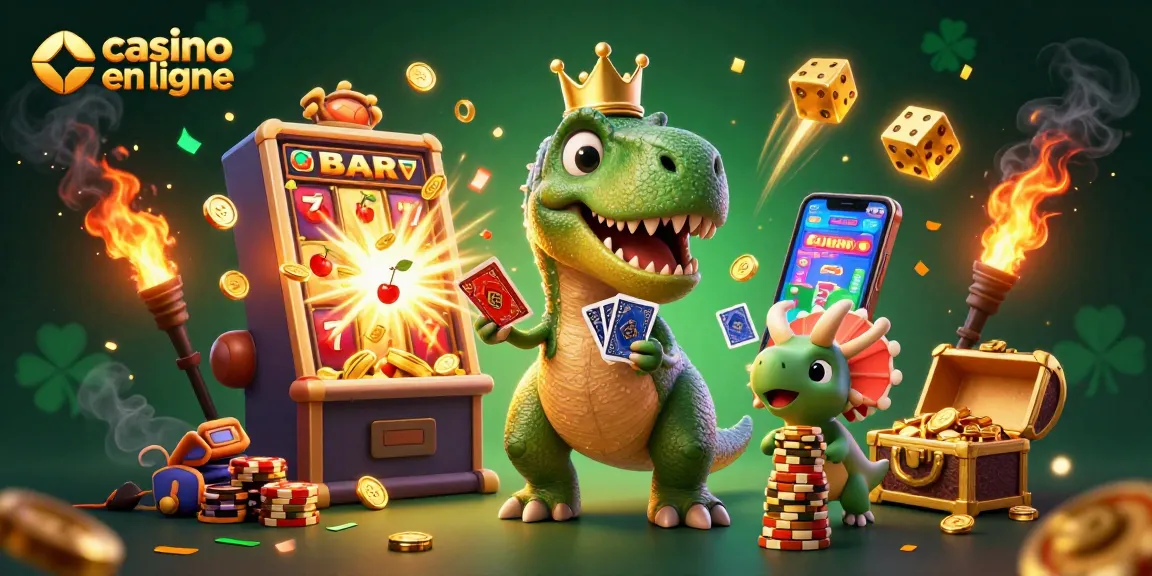 Découvrez le casino en ligne avec un T-Rex jouant aux cartes, un ptérodactyle et un tricératops s'amusant ensemble.