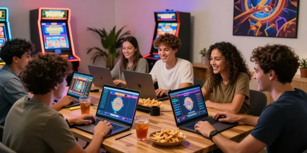 Friends engaged in a lively judi slot gaming session with laptops and snacks, showcasing a vibrant online gaming atmosphere.