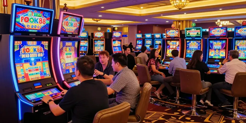 Players experiencing the thrill of rokok88 slot in a lively casino atmosphere.