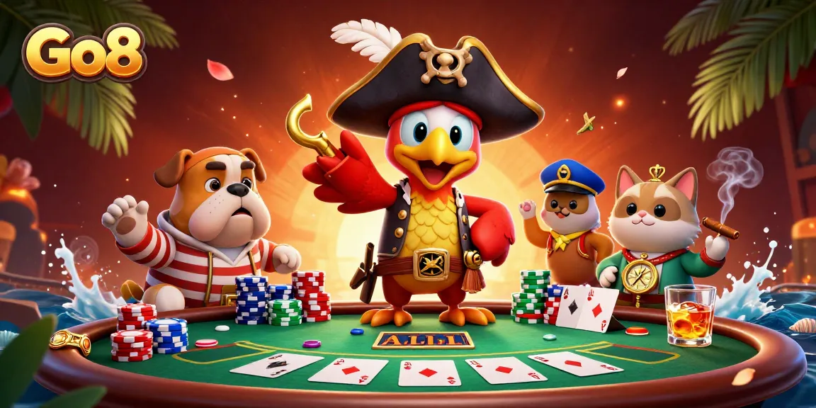 Play poker at Go8 with pirates, dogs, and cats in this thrilling casino scene.