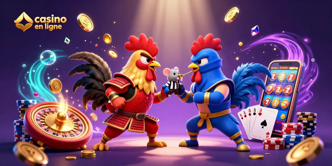 Combat de coqs mettant en avant le casino en ligne avec des éléments de jeu captivants et colorés.