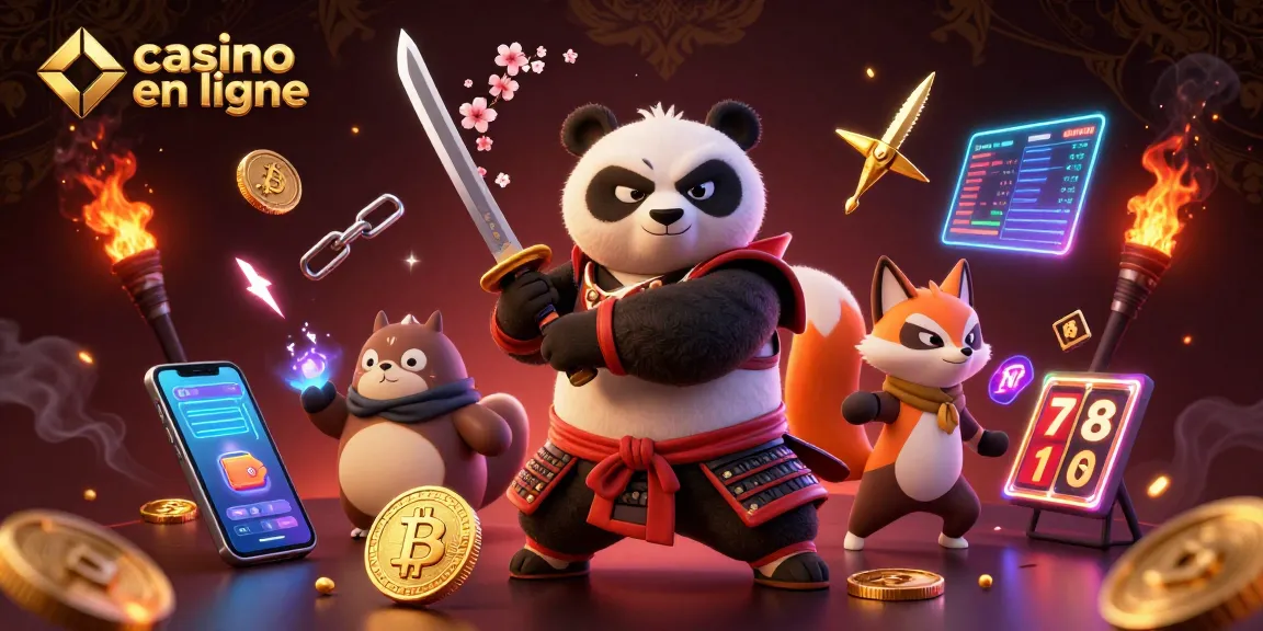 Illustration dynamique de casino en ligne avec un panda samouraï et des pièces de crypto-monnaies brillantes