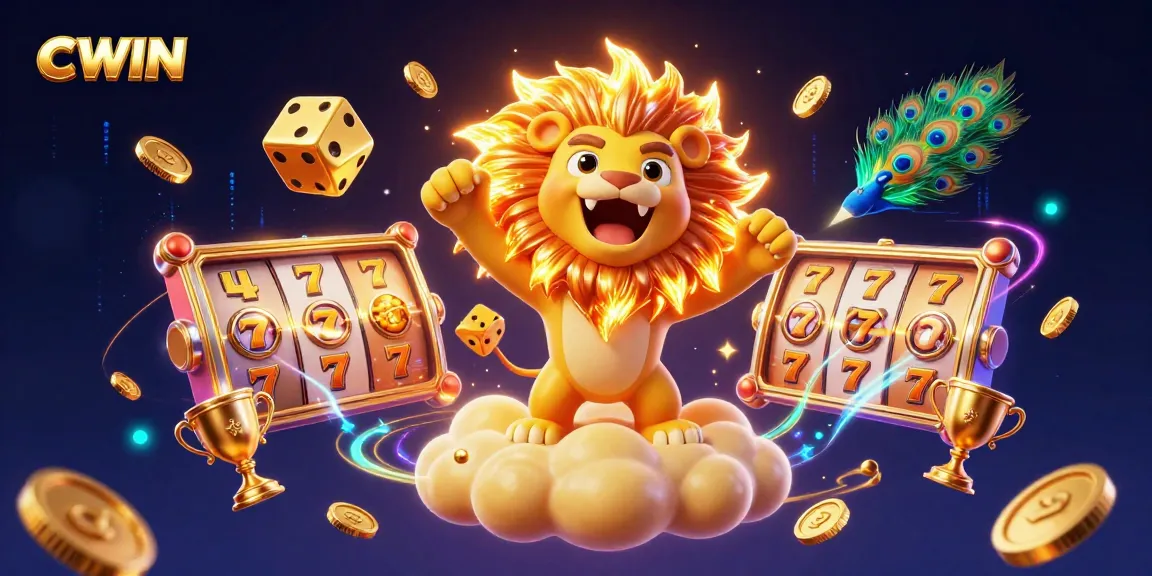 CWIN brings excitement with a roaring sun lion and dynamic slot reels in a vibrant casino atmosphere.