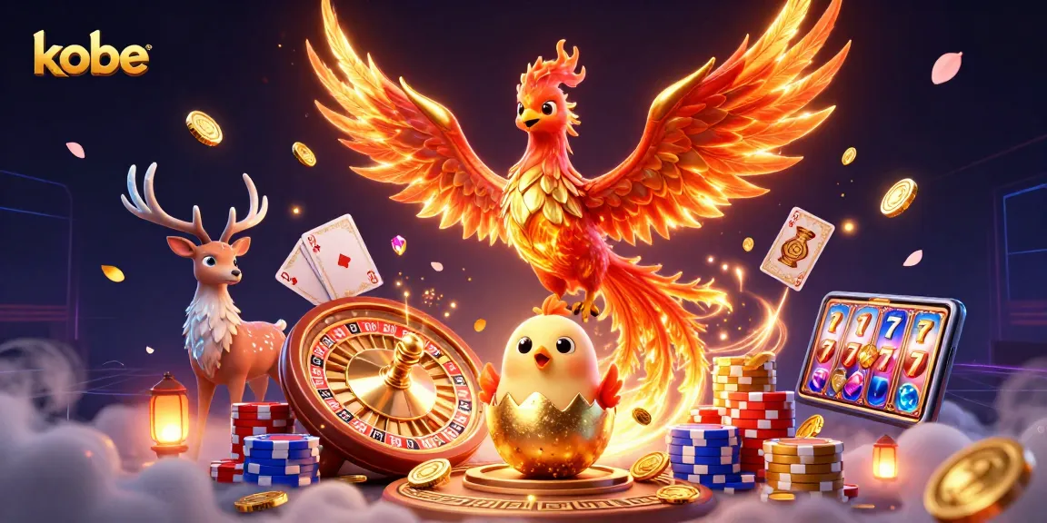 Kobe-themed vibrant 3D illustration showcasing a phoenix and casino elements in a lively scene.
