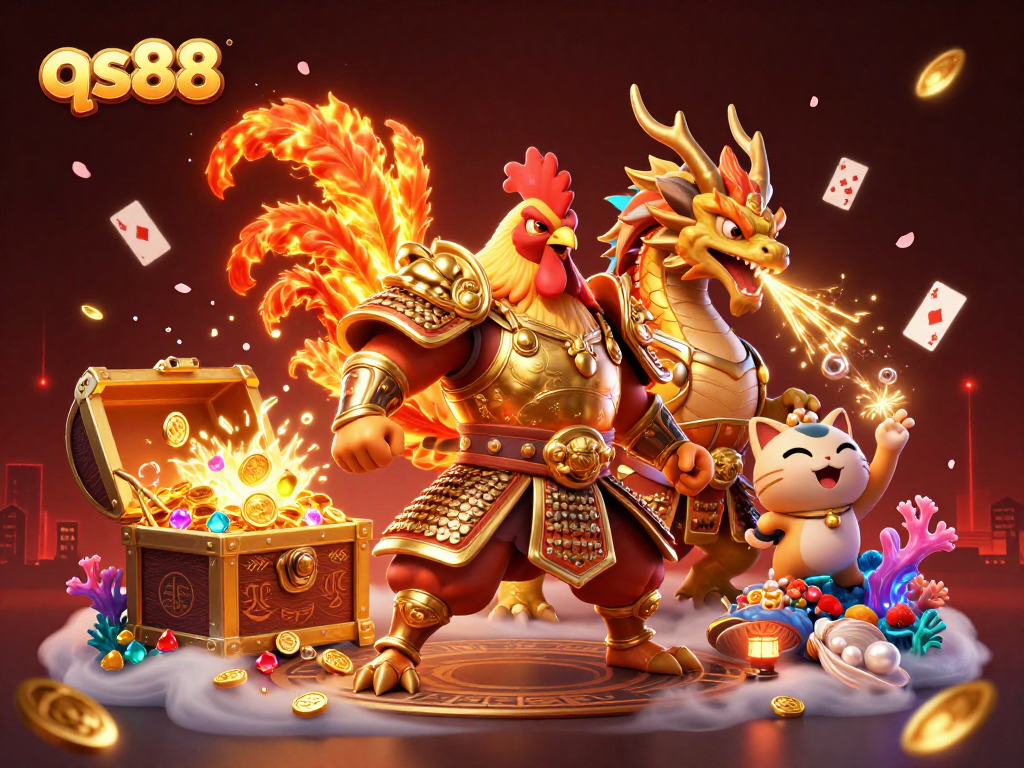 Win big at qs88's online casino with an energetic scene featuring powerful characters and vibrant game elements.