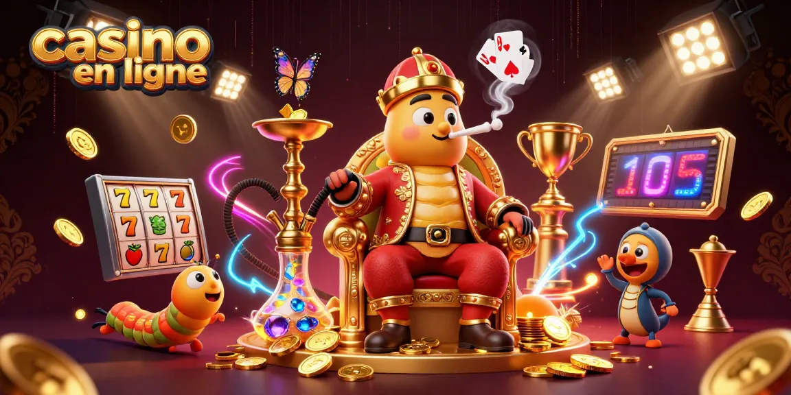 Visuel captivant pour les jeux de casino en ligne, avec des éléments de machines à sous et un maître de narguilé coloré.