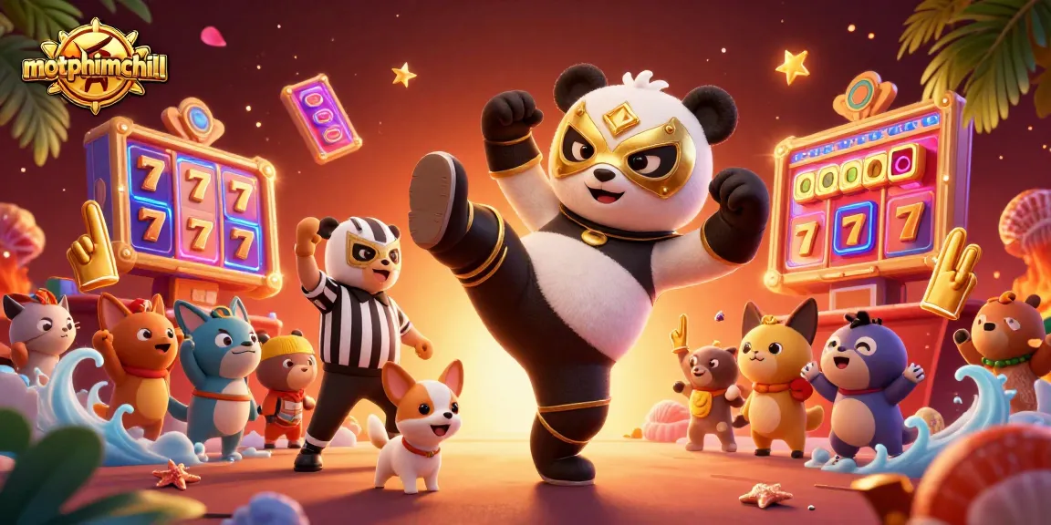 Engage with motphimchill's vibrant casino scene featuring a wrestling panda kicking amidst slot reels and golden confetti.