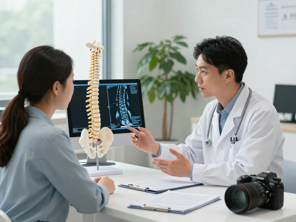 Discussion on dar kanal ameliyatı between surgeon and patient in a modern clinic, highlighting spinal stenosis diagnosis.