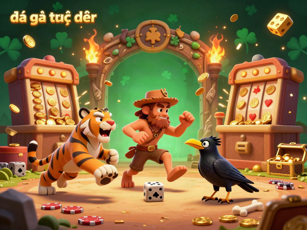 Engage in đá gà trực tiếp with a vibrant scene featuring animated characters at a lively cockfighting arena.