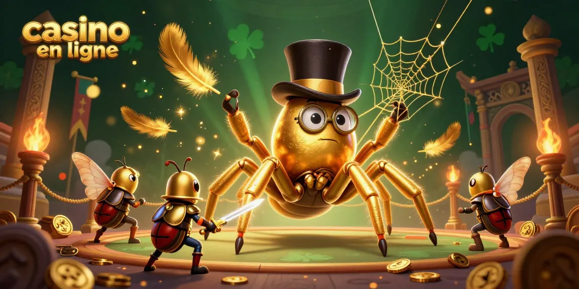 Illustration d'un tarentule doré et d'un chevalier scarabée dans un casino en ligne animé, vibrant d'action.
