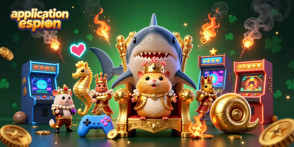 Entrez dans l'univers palpitant de l'application espion avec ce roi hamster doré trônant sur une dent de requin, entouré de gardes et d'éléments de jeu.