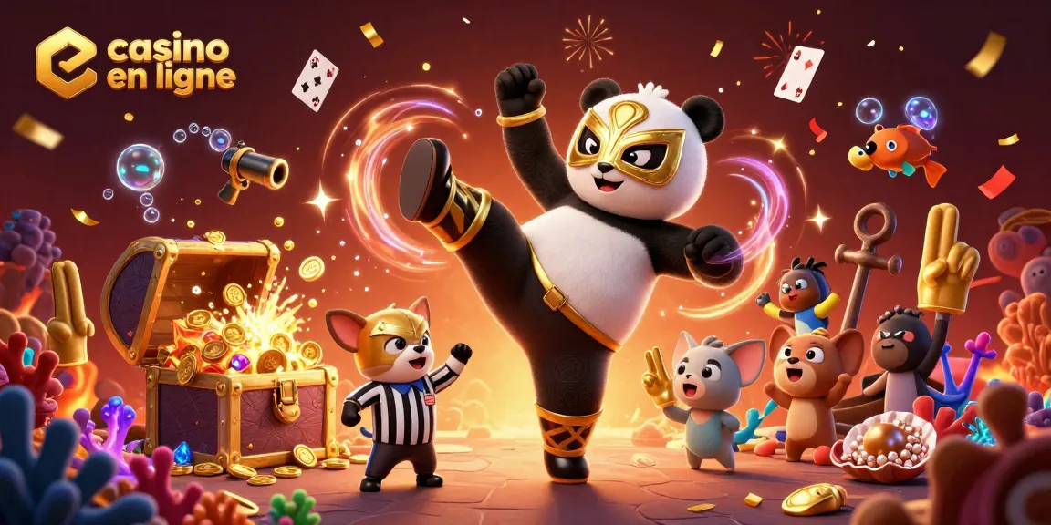 Vivez l'excitation d'un casino en ligne avec ce panda lutteur et son public enthousiaste, entouré de trésors.