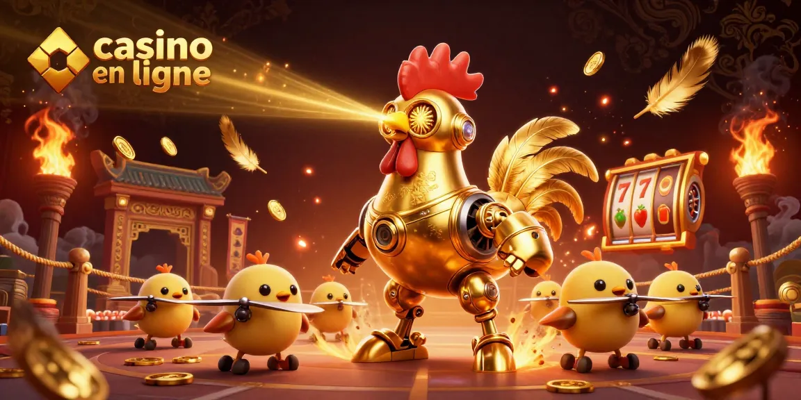 Vivez l'excitation du casino en ligne avec un robot coq futuriste et des drones poussins dans une arène.