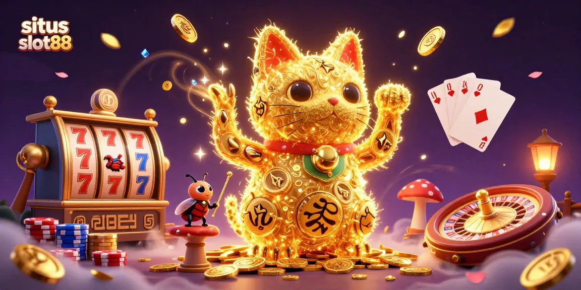 situs slot88 features a lucky cat made of fireflies amidst sparkling casino elements.