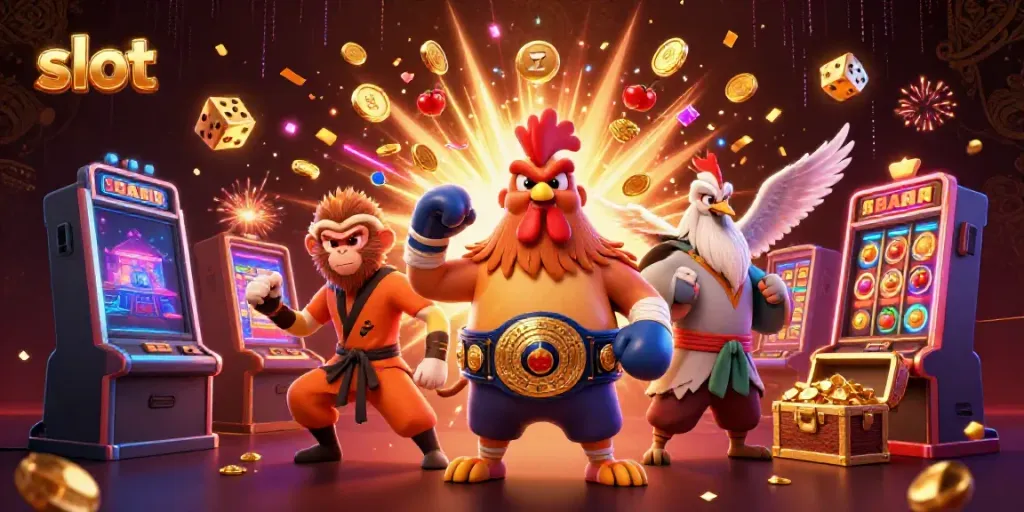 Experience thrilling slot excitement with a vibrant scene of winning symbols and characters.