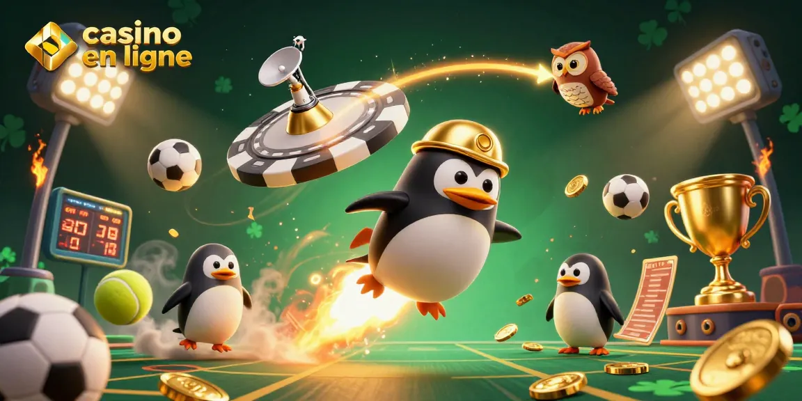 Plongez dans l'univers du casino en ligne avec un pingouin doré propulsé et des éléments ludiques autour.