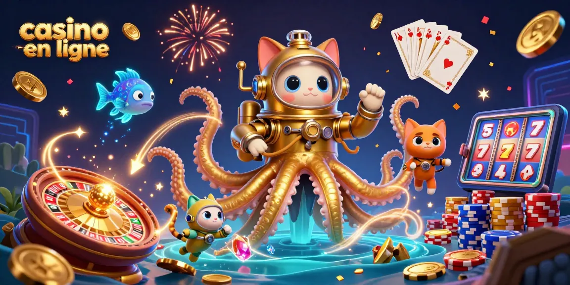 Jouez dans un casino en ligne avec une illustration de kraken doré et un chat plongeur.