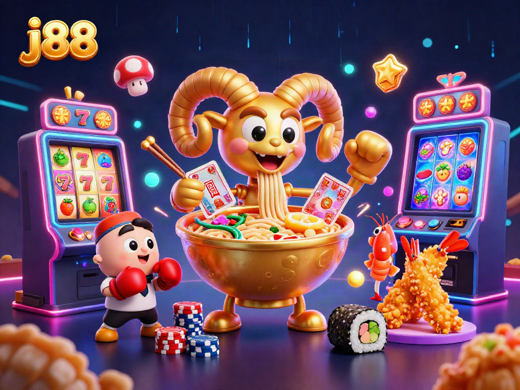 Engage with j88's vibrant casino scene featuring a golden ramen bowl dealer and exciting slot reels.
