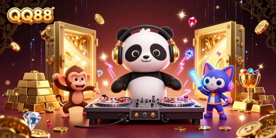 Experience thrilling wins at QQ88's vibrant casino scene with DJ panda and dancing characters.