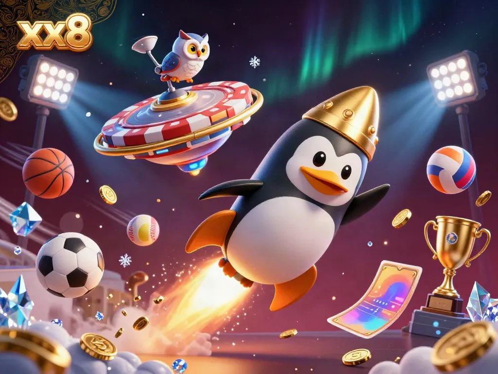 Experience the thrilling world of xx8 with a golden penguin and casino elements in space.