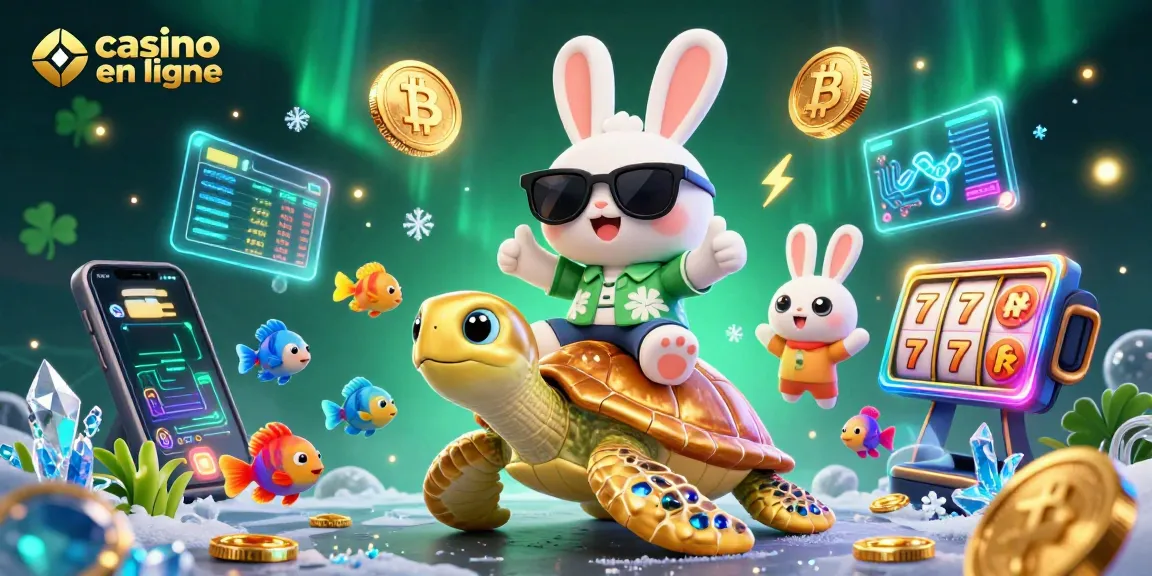 Découvrez le casino en ligne avec un adorable lapin chanceux, une tortue géante, et des éléments de jeu scintillants.