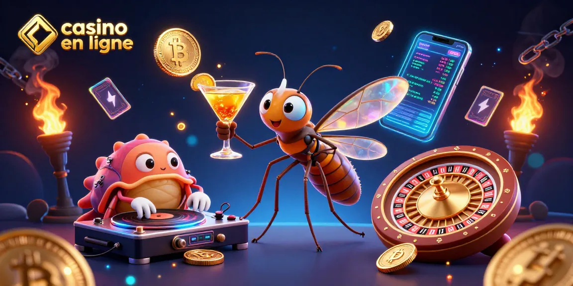 Une scène animée de casino en ligne avec un moustique mascotte et éléments de crypto-monnaies.