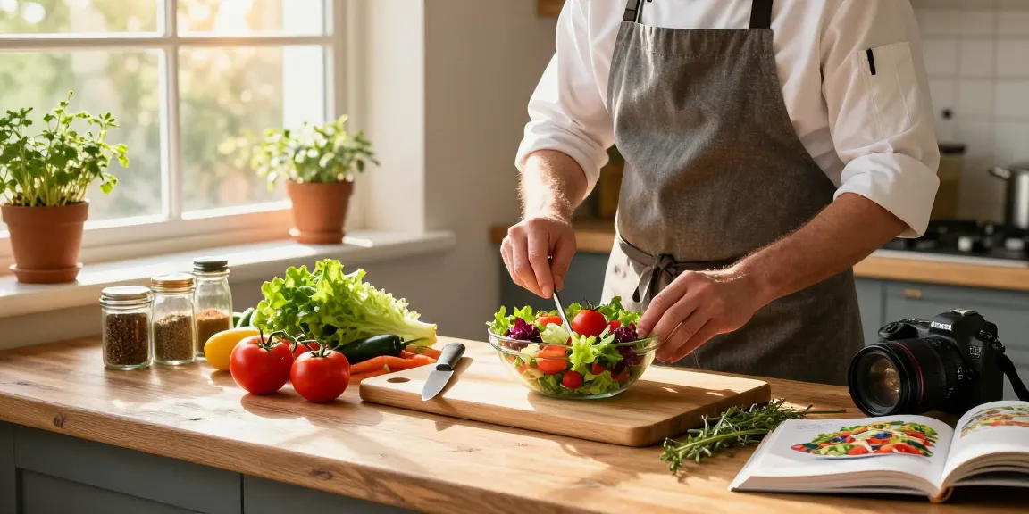 A chef prepares a vibrant salad with fresh ingredients in a sunlit kitchen, showcasing the importance of healthy eating and the keyword สล็อต.