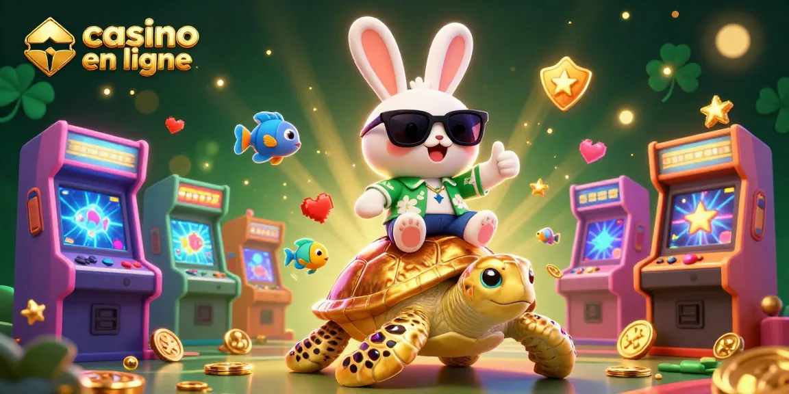 Jouer dans un casino en ligne avec un adorable lapin chanceux et une tortue en or, entouré de jeux colorés.