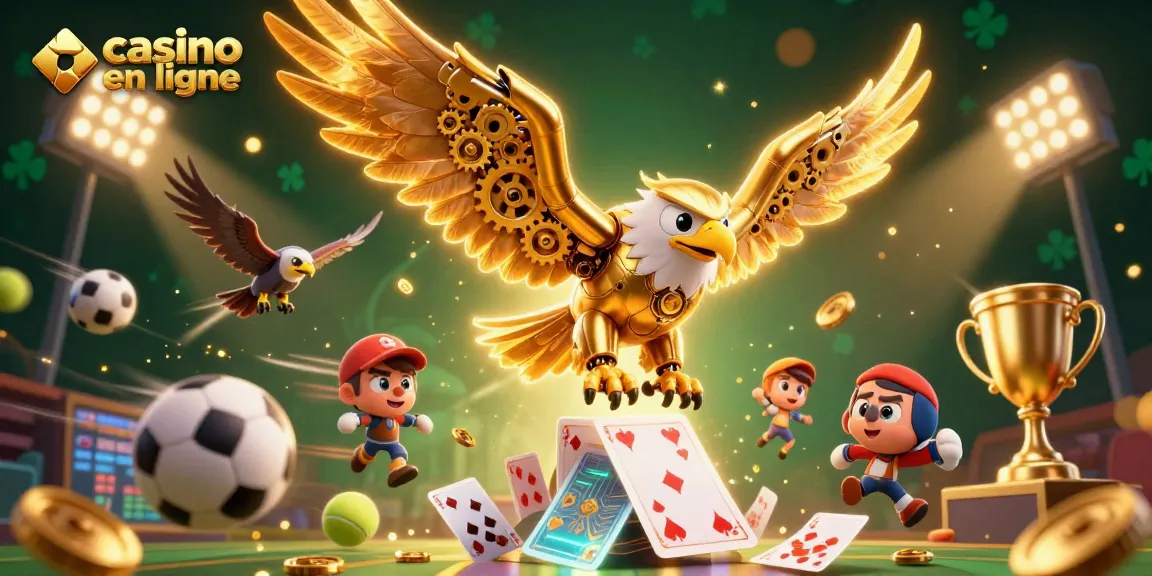 Des jeux captivants de casino en ligne avec des cartes holographiques et un aigle doré dynamique.