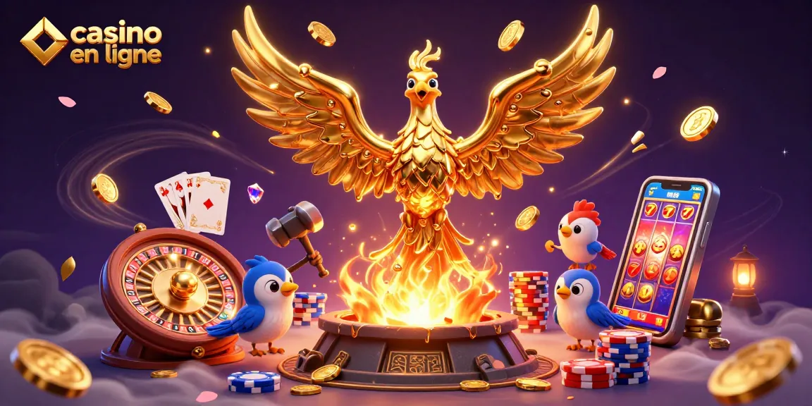 Gagnez avec le casino en ligne : illustration d'un phénix doré au sommet d'une forge avec des pièces volant autour.