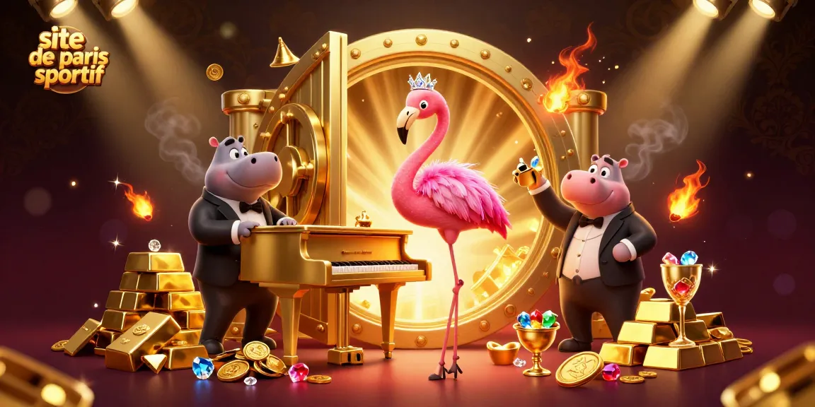 Illustration animée 3D d'un site de paris sportif avec une chanteuse flamant et un bassiste hippopotame.