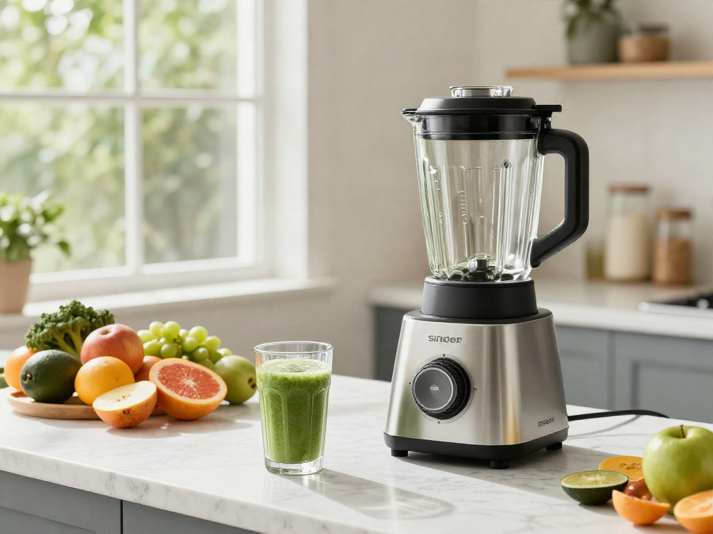 Singer Blender in a bright modern kitchen with fresh ingredients.