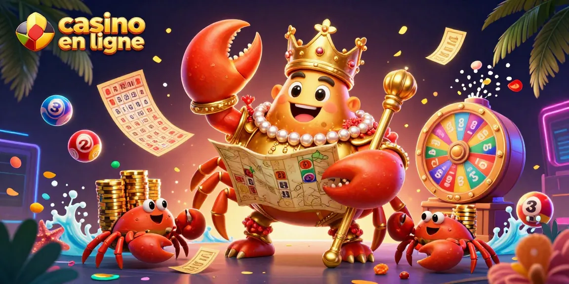 Visualisez un roi des crabes vivant au casino en ligne, entouré de jeux et de billets.