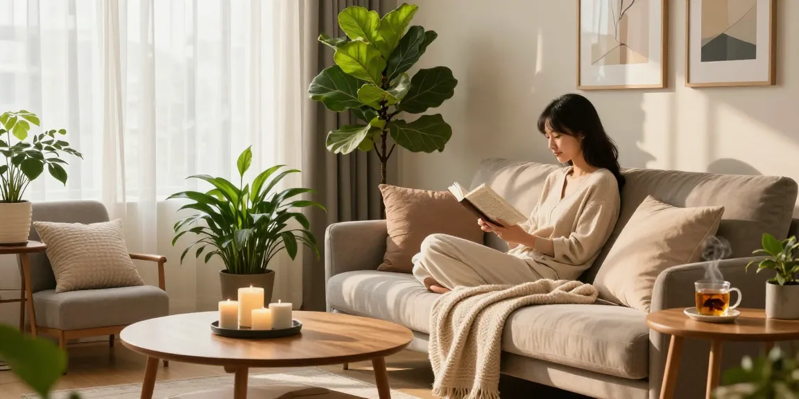Cozy living room with Motchill-inspired decor, plants, and comfort elements.